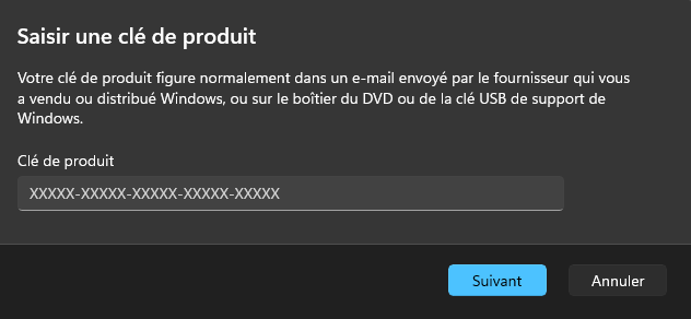 Entrer la clé de produit Windows